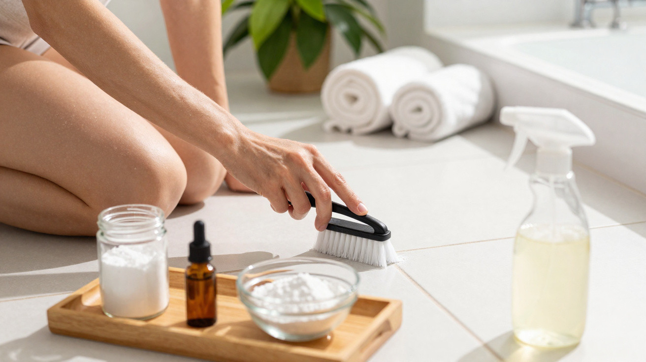 Pessoa a limpar juntas de azulejos no chão com escova e produtos de limpeza numa bandeja de madeira.