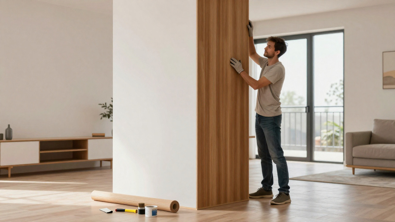 Homem a aplicar papel de parede em coluna no espaço luminoso de uma sala moderna.