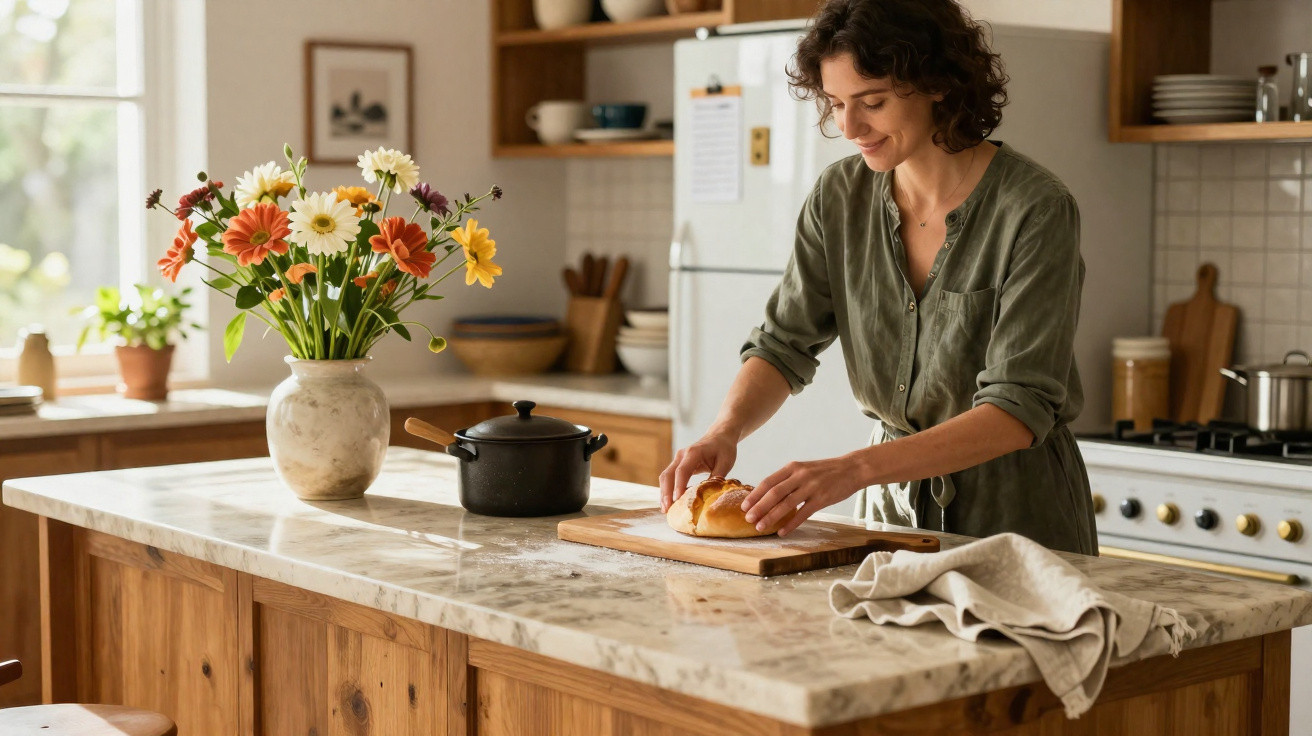 Mulher a cortar pão numa cozinha luminosa com flores numa jarra sobre a bancada.