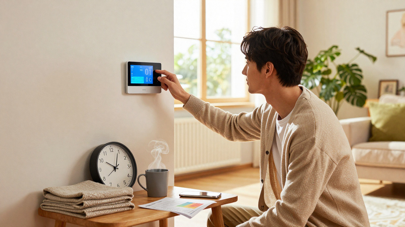 Homem ajusta termostato digital numa parede numa sala com relógio, chá quente e plantas.