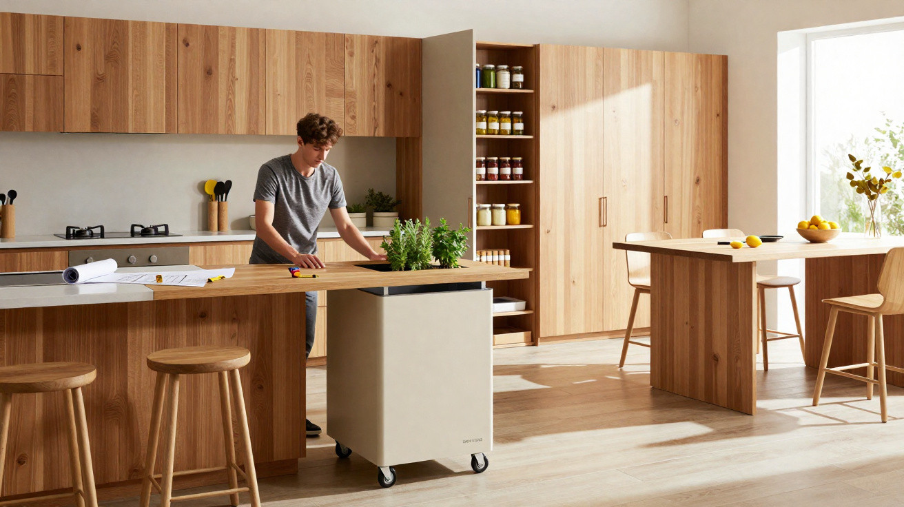 Cozinha moderna com armários e ilha de madeira clara, detalhe de mão escondida na ilha móvel com plantas.