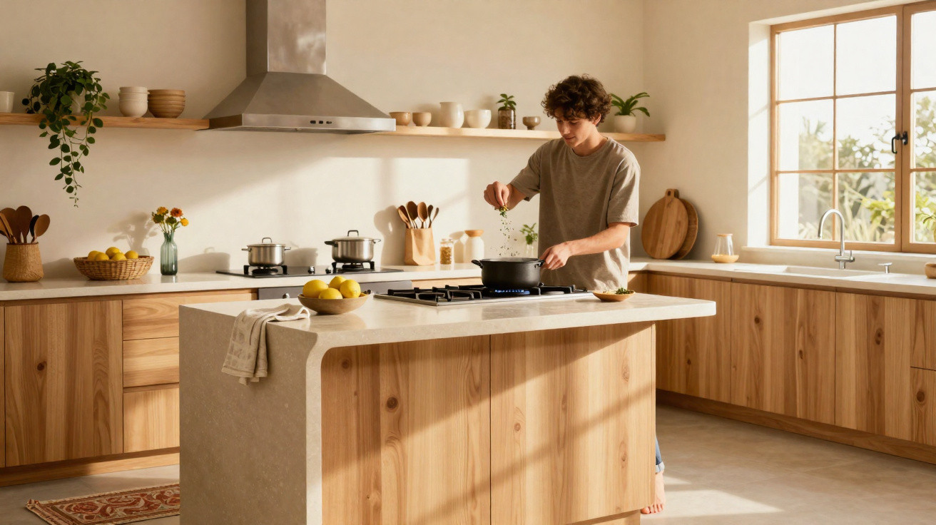 Pessoa a cozinhar numa cozinha moderna com móveis de madeira e plantas decorativas.