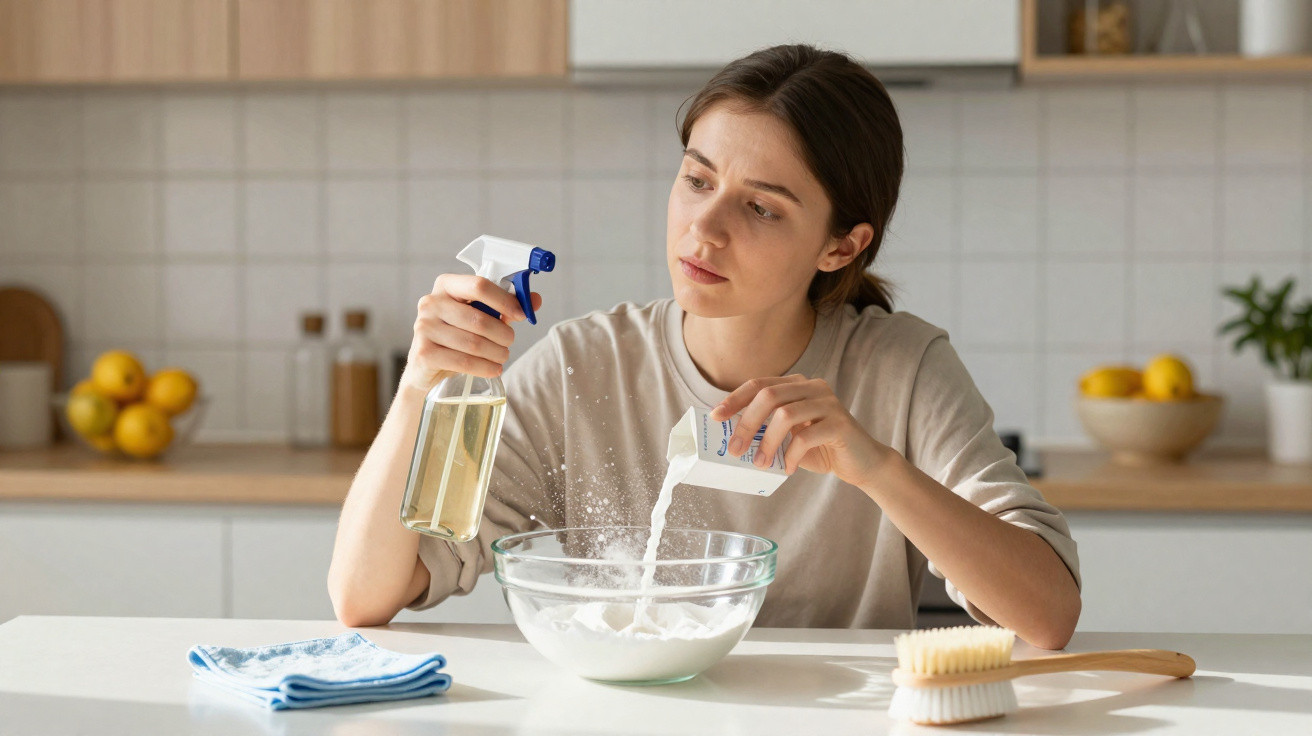 Mulher preocupa-se ao tentar limpar pó branco com spray numa cozinha moderna.