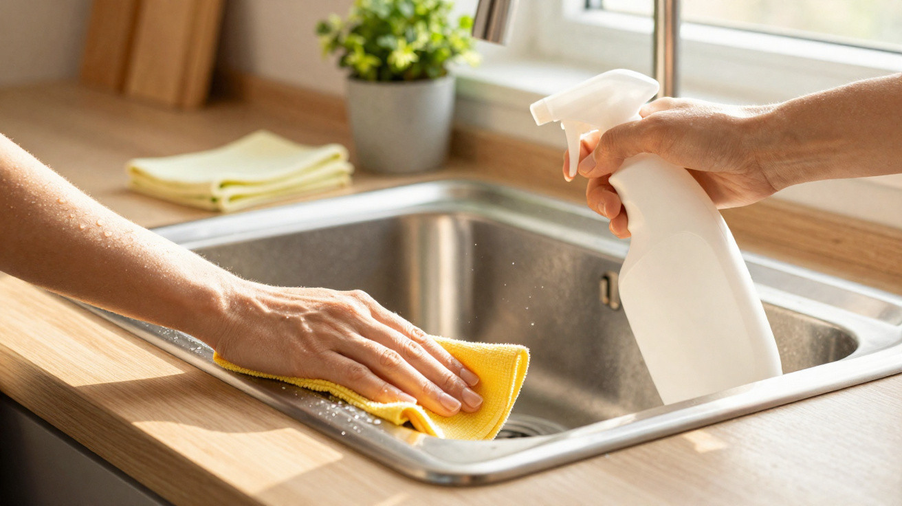 Pessoa a limpar a superfície de uma pia de cozinha com pano amarelo e spray de limpeza branco.