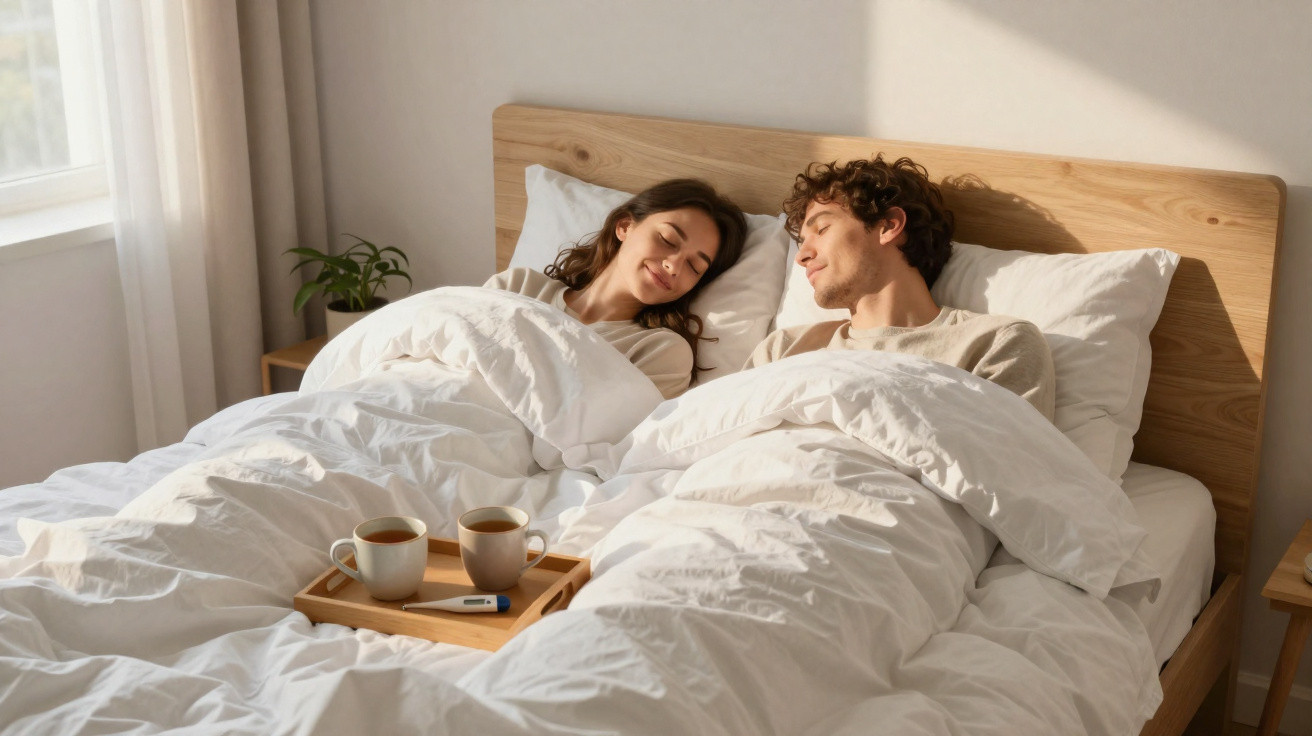 Casal deitado na cama sorrindo, cobertos por colchas brancas com um tabuleiro de café entre eles.