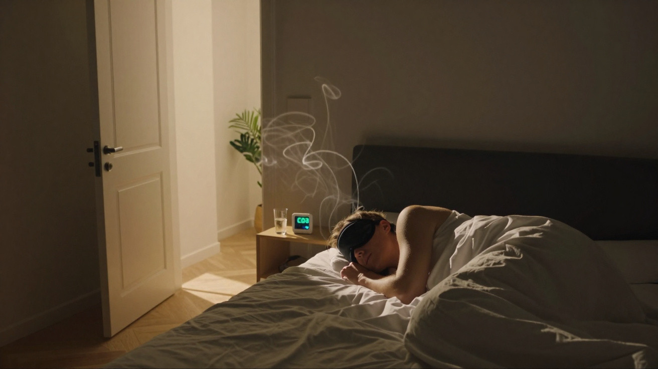 Pessoa a dormir na cama com máscara de olhos e detector digital de CO2 no criado-mudo ao lado.