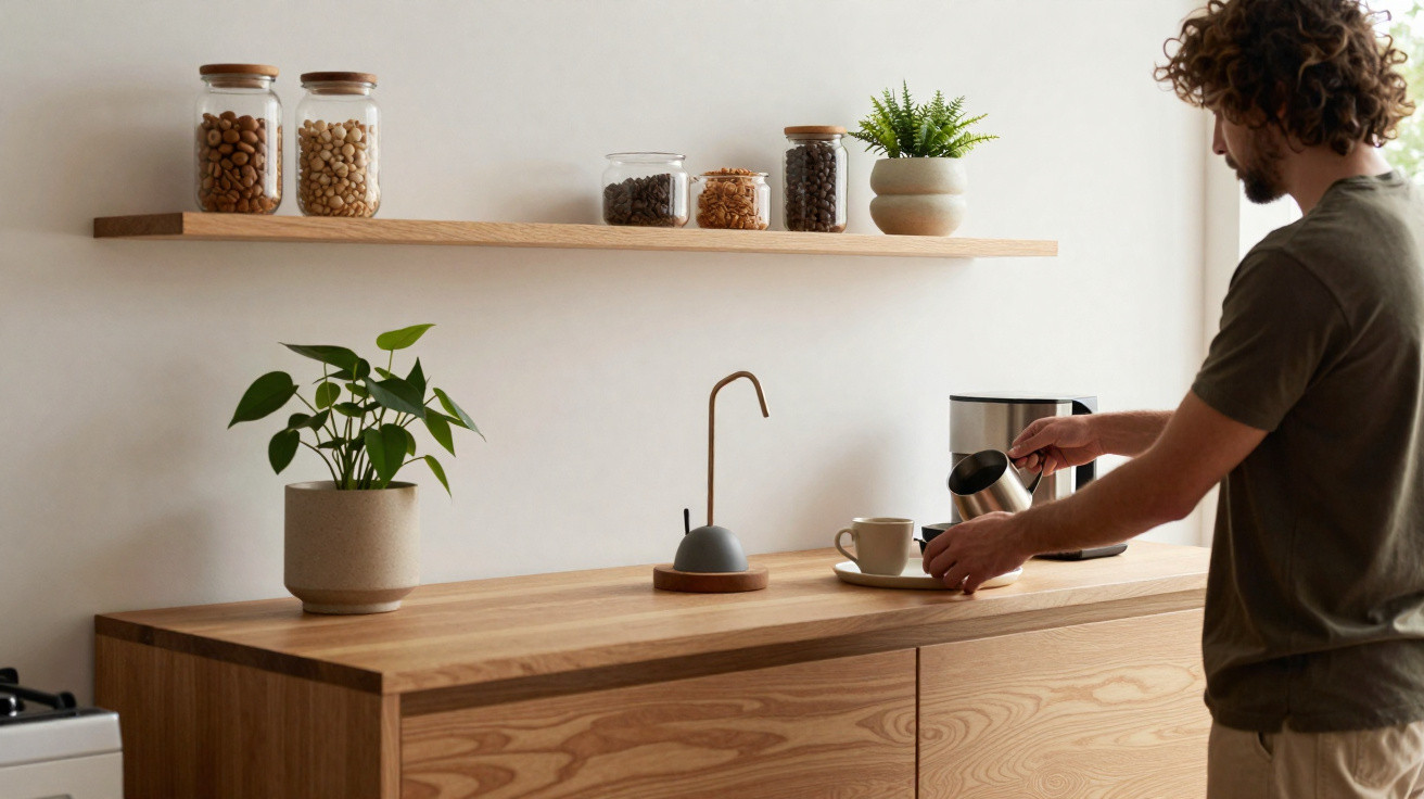 Mulher prepara chá numa cozinha minimalista com estantes de madeira e recipientes de vidro.