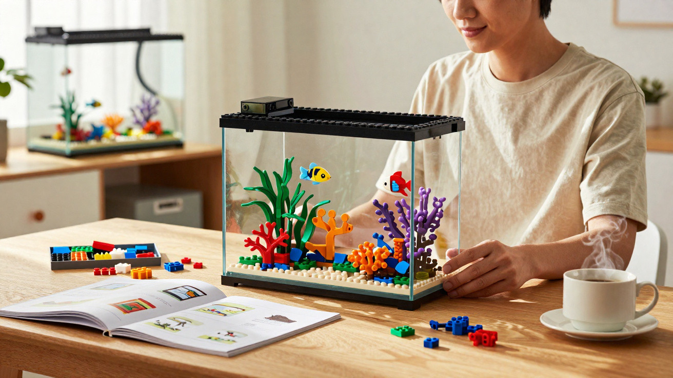 Homem a montar aquário de LEGO colorido numa mesa de madeira, com livro aberto e chá quente ao lado.