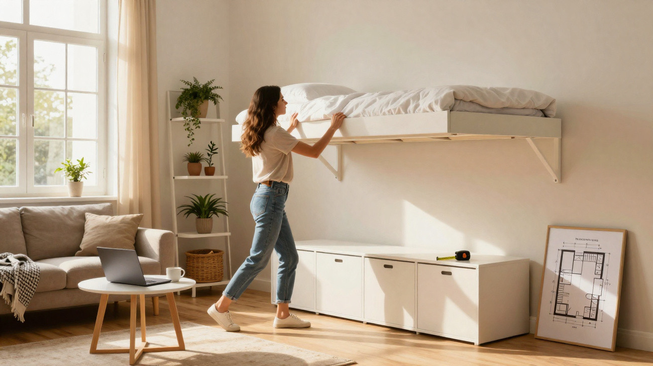 Mulher arruma cama de beliche num quarto moderno com sofá, mesa redonda, planta e planta arquitetónica no chão.