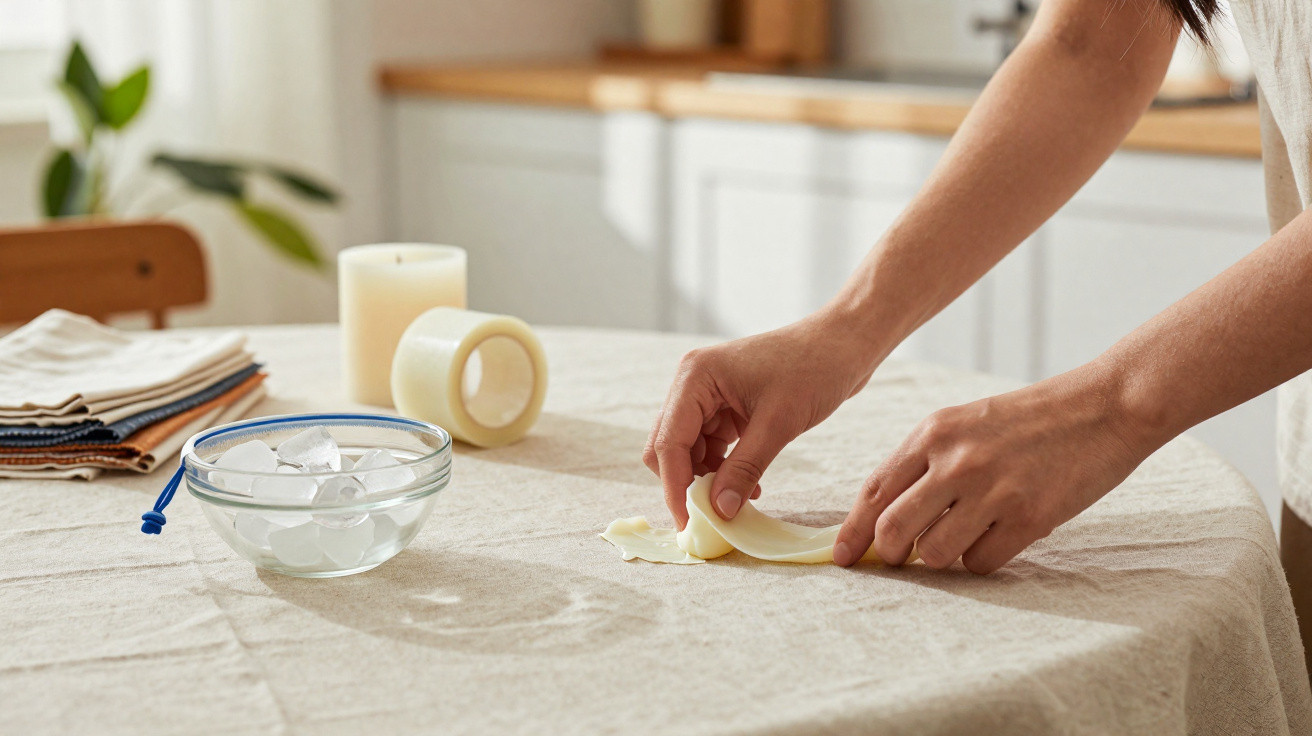 Mãos femininas a retirar fita cola numa mesa com tecidos, vela e recipiente com cubos de gelo ao fundo.