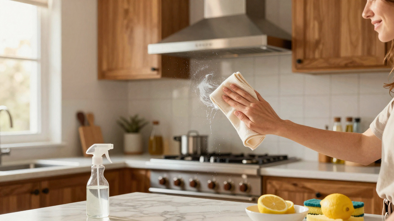 Pessoa a limpar bancada de cozinha com pano, spray de limpeza, esfregão e meio limão à mesa.