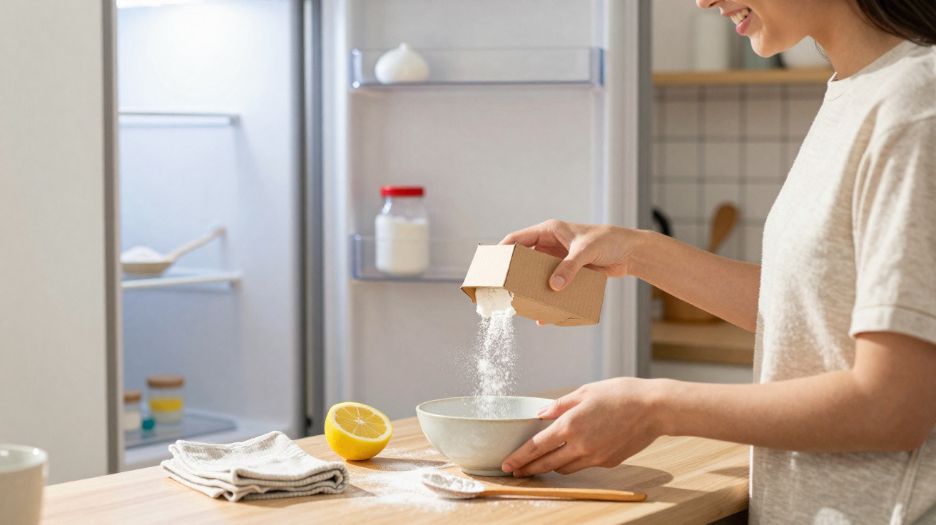Pessoa a deitar farinha numa tigela numa cozinha com frigorífico aberto e limão partido na bancada.