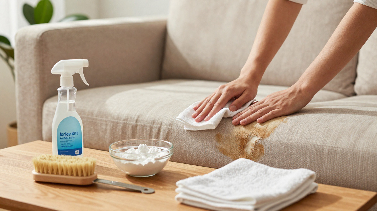 Pessoa a limpar nódoa castanha num sofá bege com pano branco, spray e produtos de limpeza numa mesa de madeira.