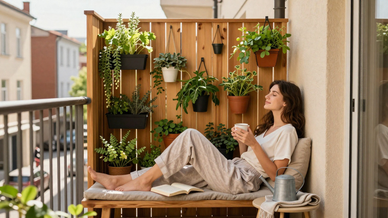 Mulher relaxa num banco de madeira num terraço com plantas, segurando uma caneca e com um livro aberto.
