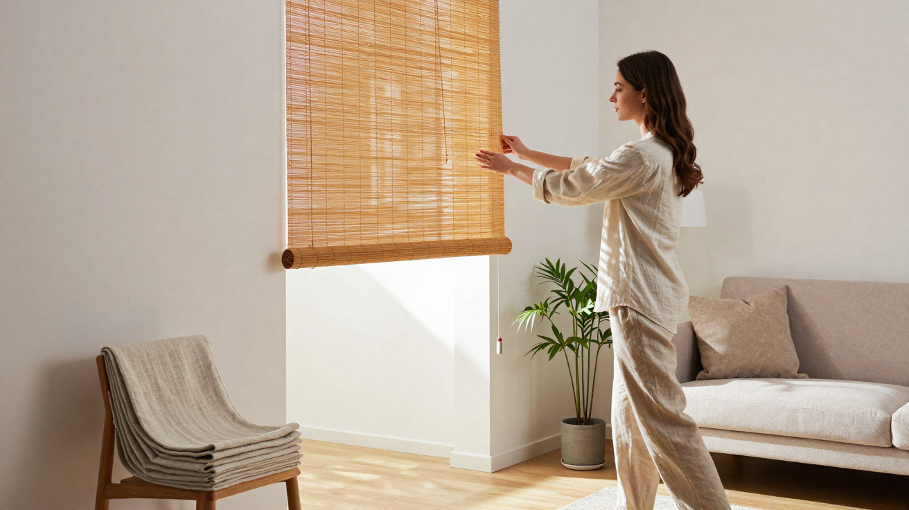 Mulher em roupa confortável a subir estores de bambu numa sala luminosa e minimalista.