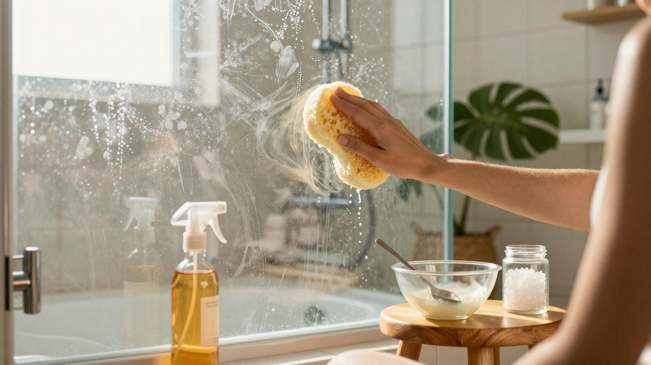 Pessoa a limpar vidro de casa de banho com esponja amarela e produtos de limpeza naturais em frascos transparentes.