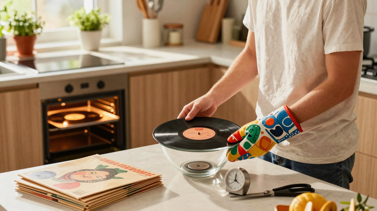 Pessoa a limpar discos de vinil na cozinha, usando luvas de forno coloridas, com discos a secar num tabuleiro do forno.
