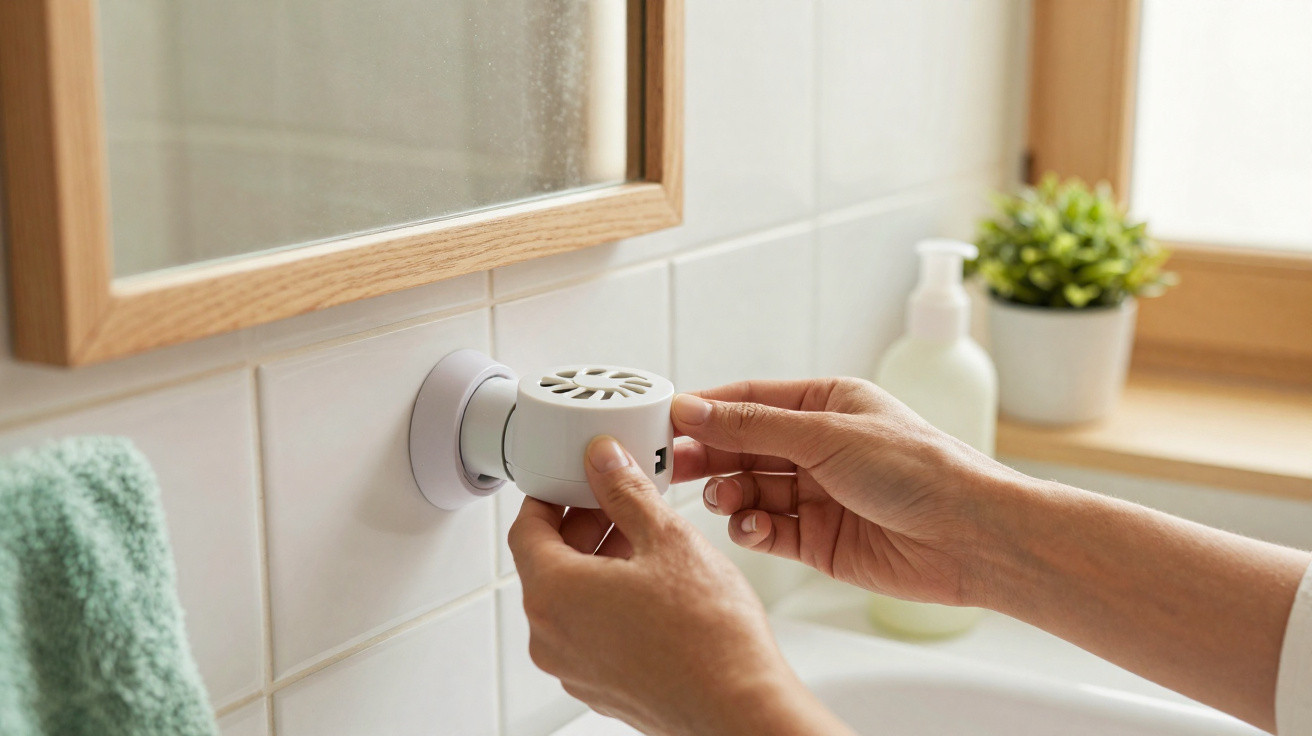 Mãos a ajustar sensor de movimento branco ligado a tomada numa casa de banho com toalha verde e planta.