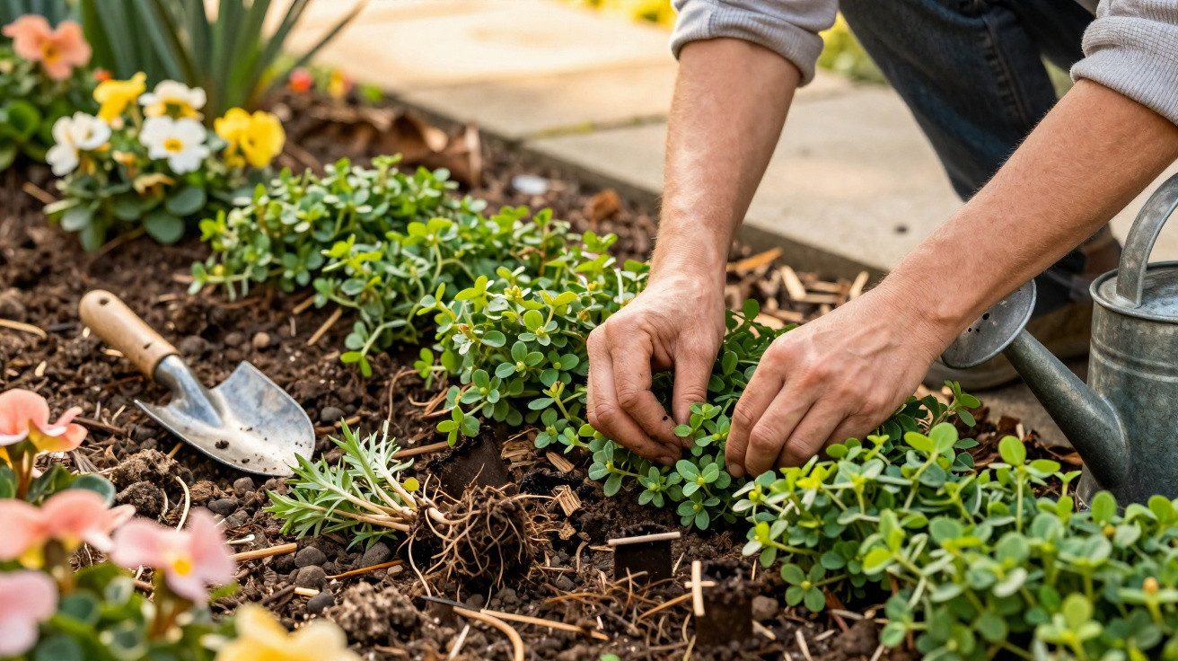 Mãos a plantar flores em canteiro com terra, ao lado de uma pequena pá de jardim e flores coloridas.