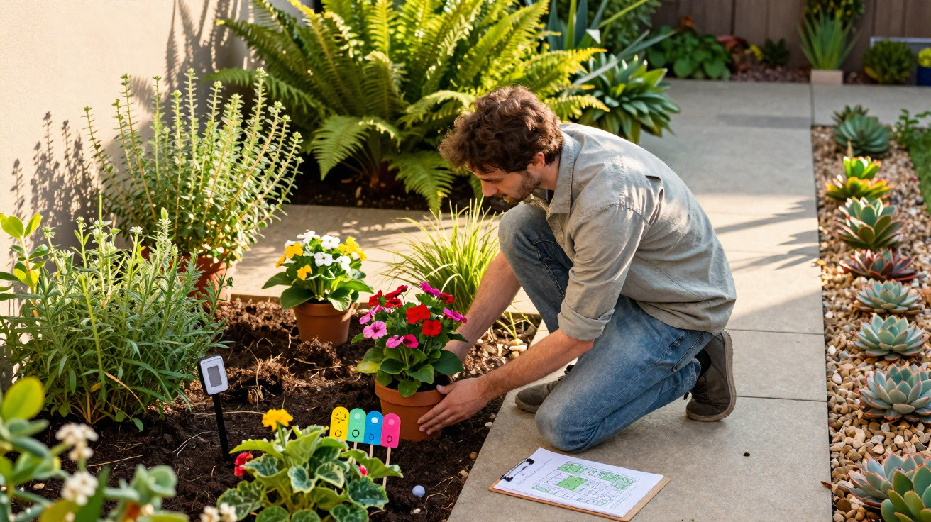 Homem a plantar flores coloridas num jardim bem cuidado, com plantas e registos ao lado.