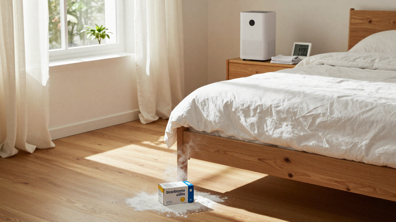 Quarto iluminado com cama de madeira, purificador de ar, caixa de medicamento e planta na janela.
