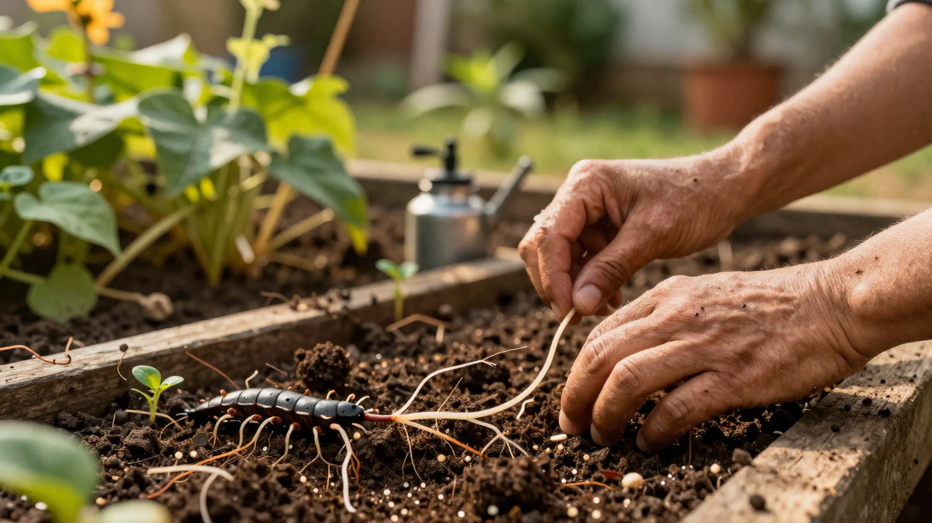 Mãos a plantar ou esclarecer sementes num canteiro de terra com plantas verdes ao fundo.