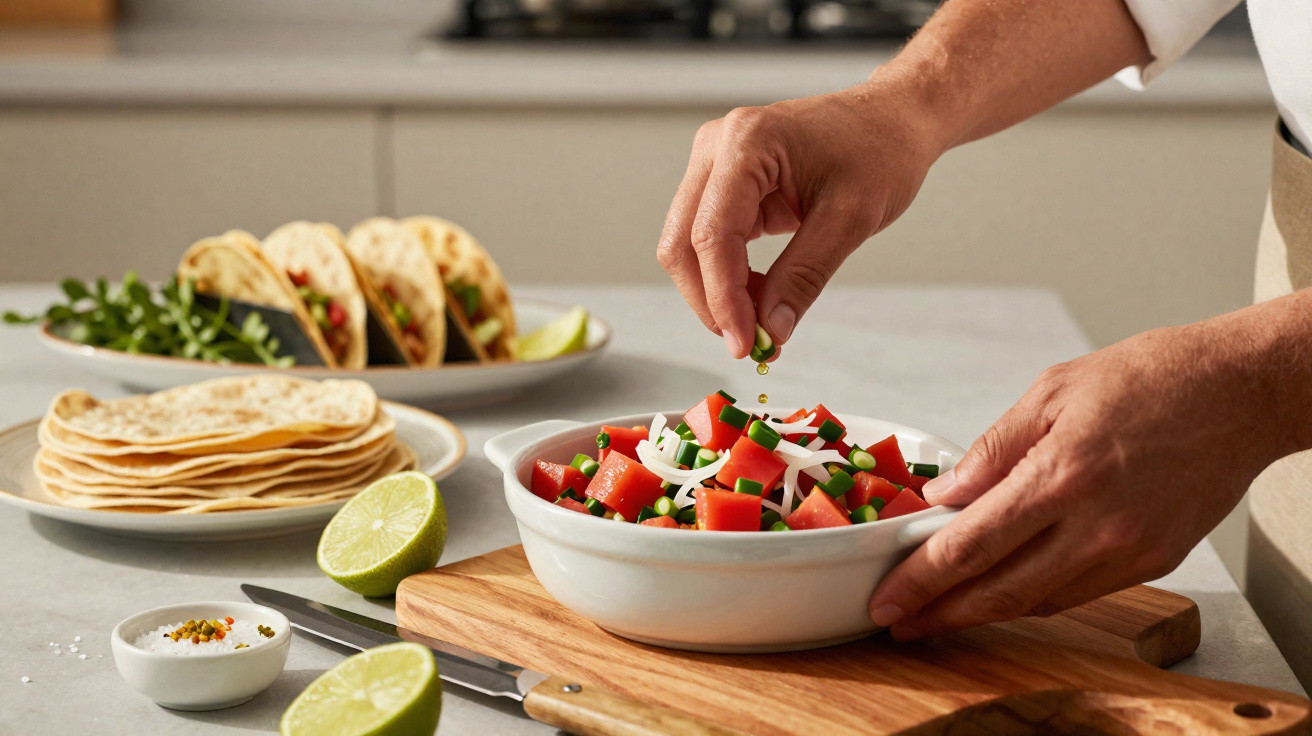 Mãos a temperar salada fresca de tomate com malagueta, tacos no prato e tortilhas numa tábua com lima.