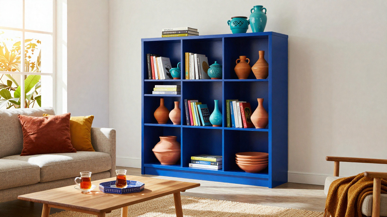 Sala de estar com estante azul cheia de livros e vasos, sofá bege com almofadas, e mesa de madeira clara.