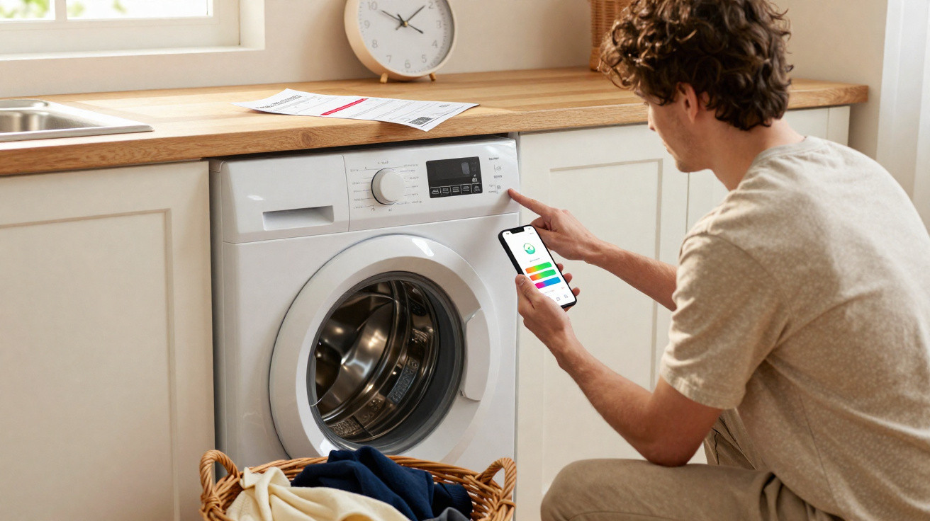 Pessoa a programar máquina de lavar branca usando smartphone numa lavandaria moderna com cesto de roupas ao lado.
