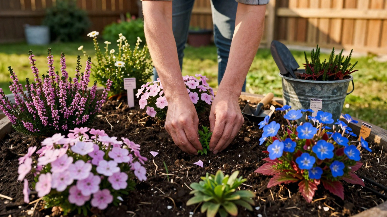 Pessoa a plantar flores num jardim com flores roxas, azuis e brancas ao redor, com cerca de madeira ao fundo.