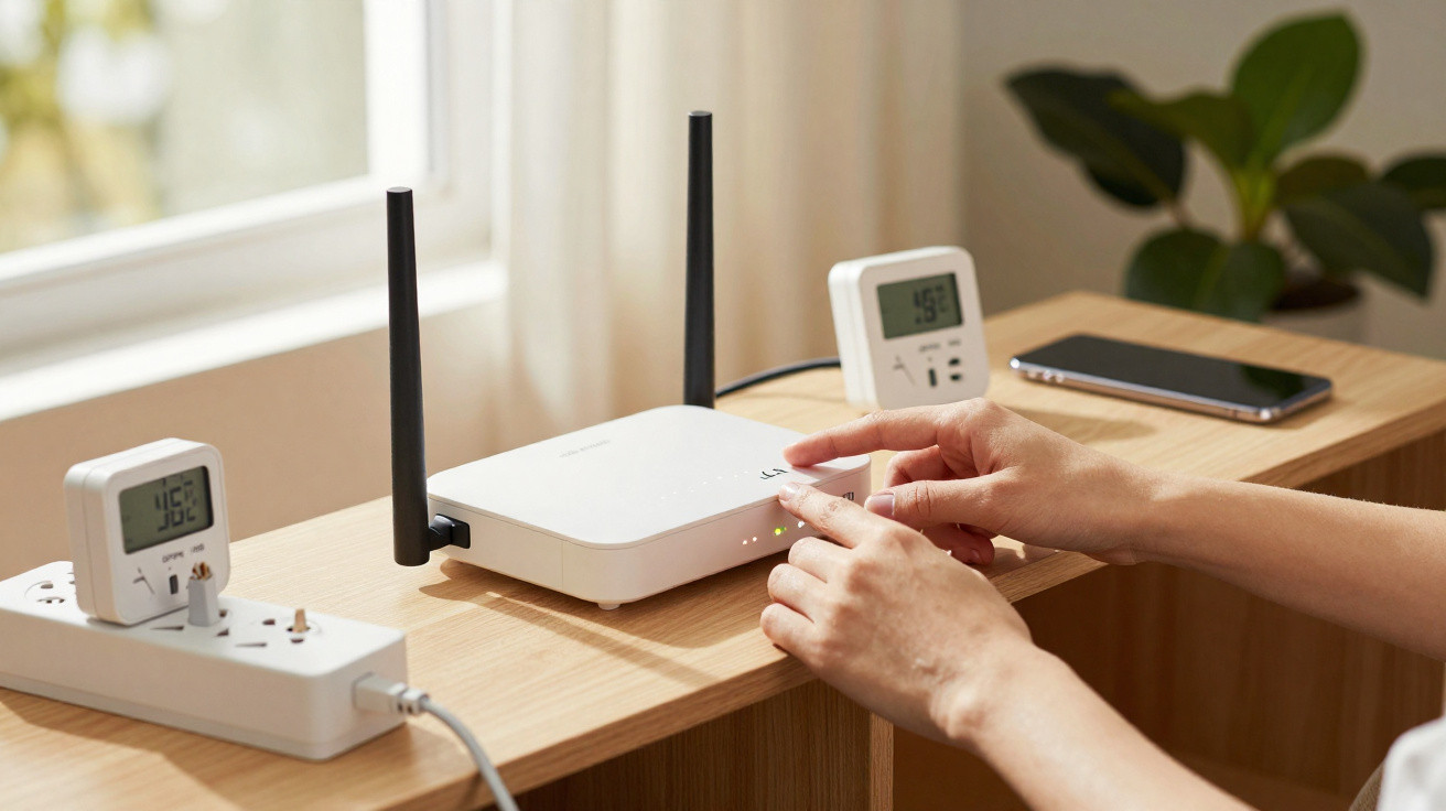 Pessoa a ligar router Wi-Fi branco com duas antenas numa mesa de madeira junto a um smartphone e régua de tomadas.