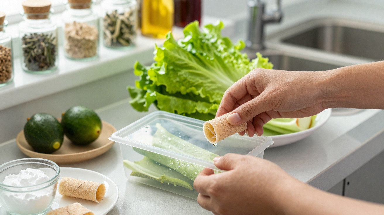 Mãos seguram bloco de tempeh numa cozinha com verduras, especiarias e ingredientes naturais ao fundo.