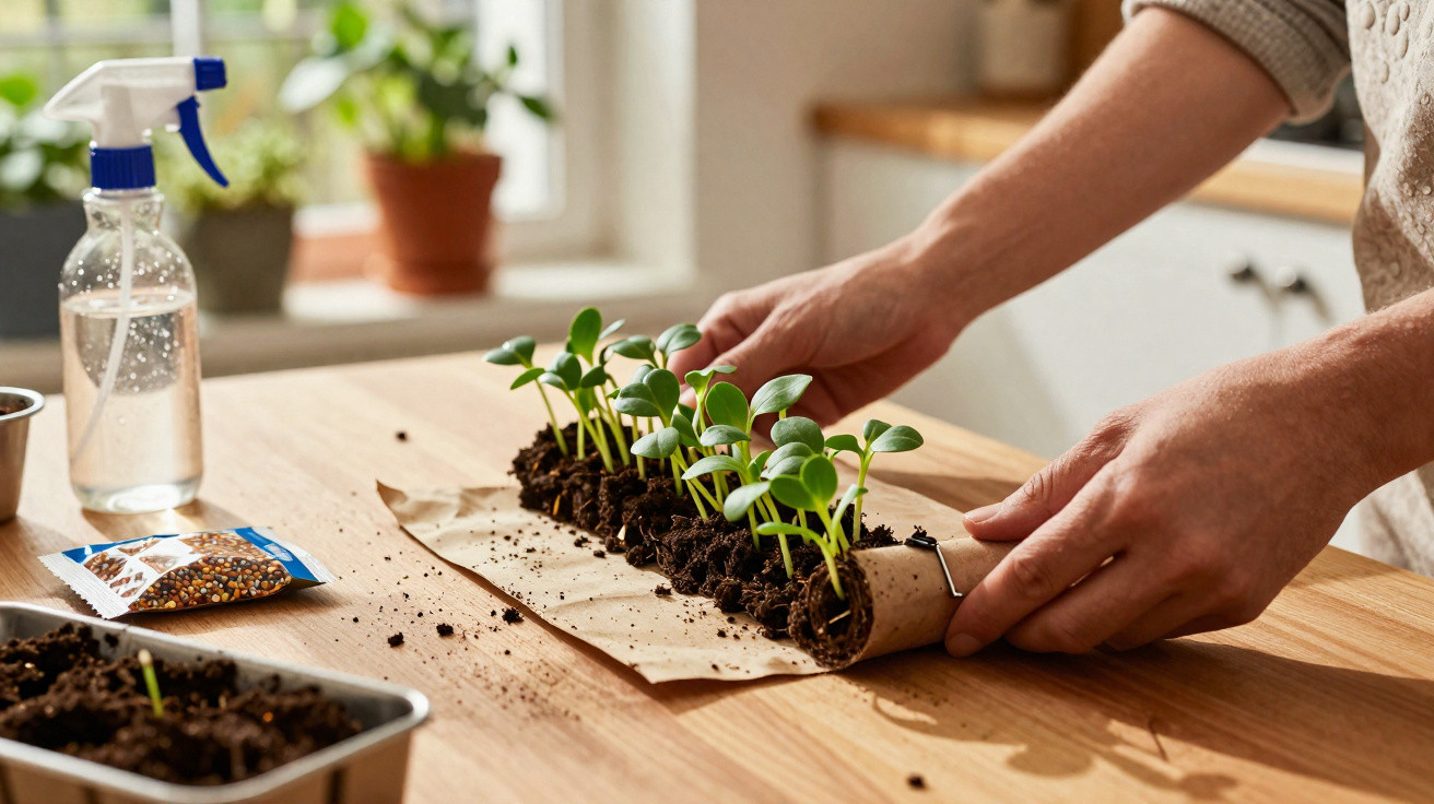 Mãos a enrolar tapete biodegradável com mudas verdes de plantas numa mesa de madeira.