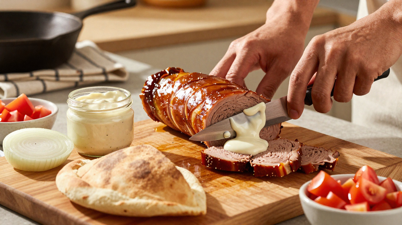 Pessoa a cortar carne assada com molho branco numa tábua ao lado de pão pita e vegetais.