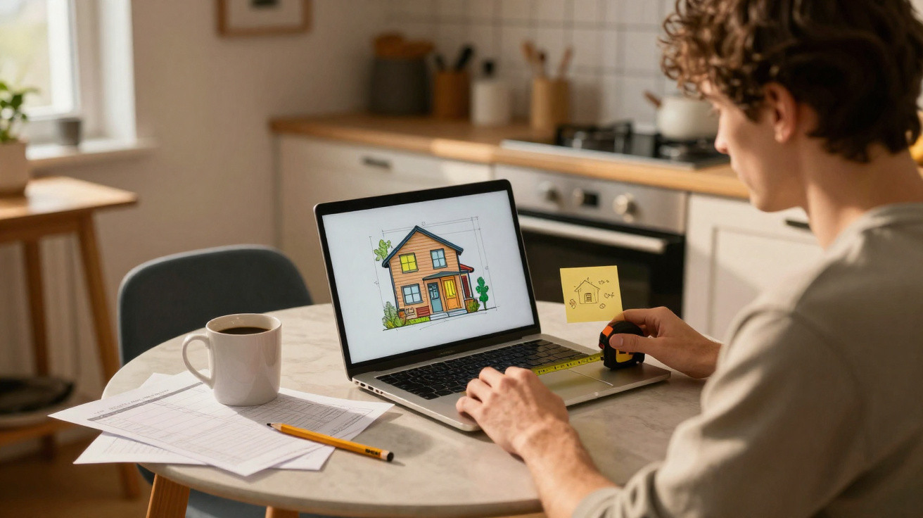 Homem a trabalhar num projeto de casa digital num portátil numa cozinha, com café e papelada na mesa.