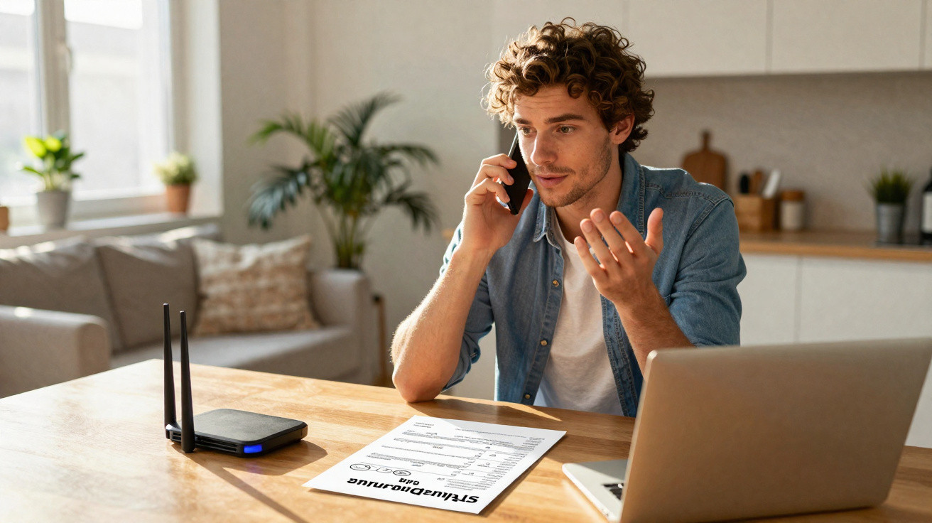 Jovem a falar ao telemóvel, sentado numa mesa com portátil, router e documento de diferendo.