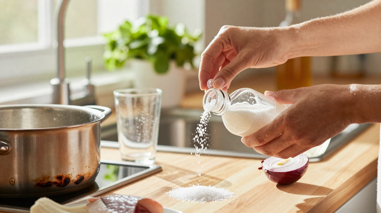 Mãos a temperar um peixe com sal na cozinha, ao lado de uma panela, um copo e cebolas.