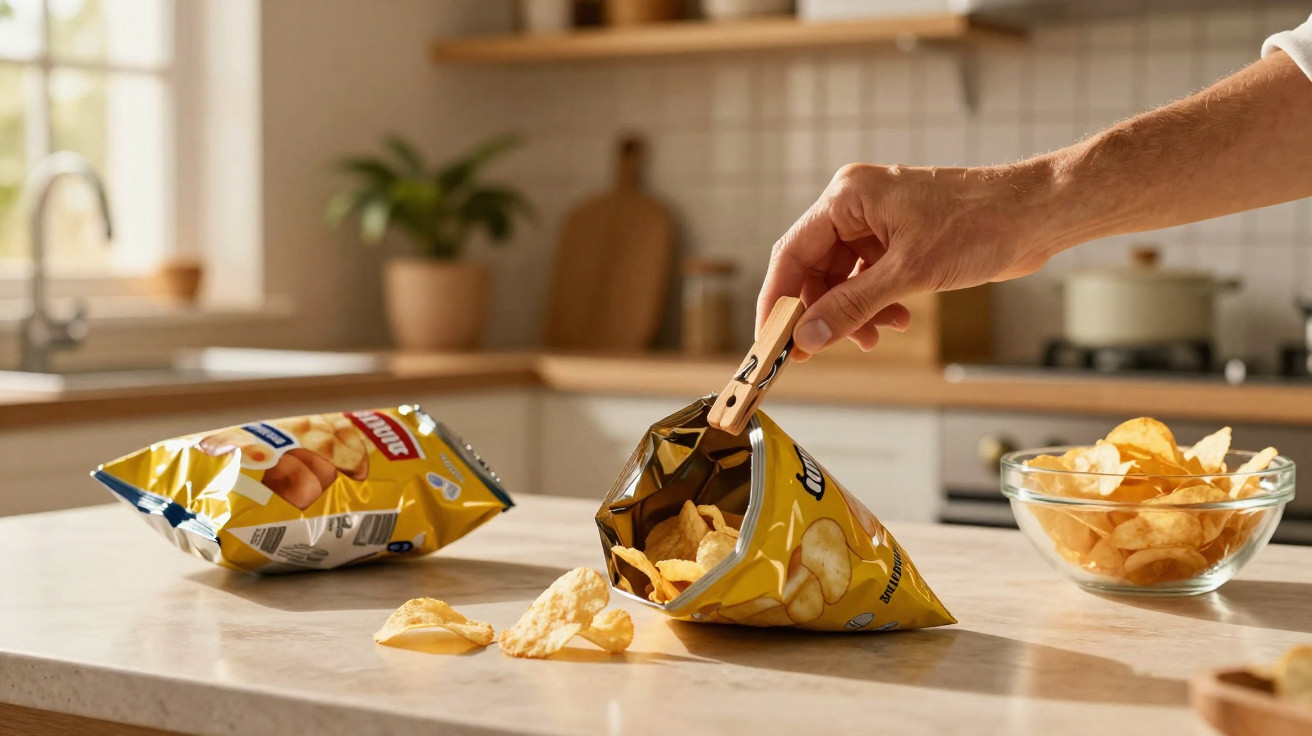 Mão a fechar embalagem de batatas fritas com molas enquanto outra embalagem e taça com batatas estão na mesa.