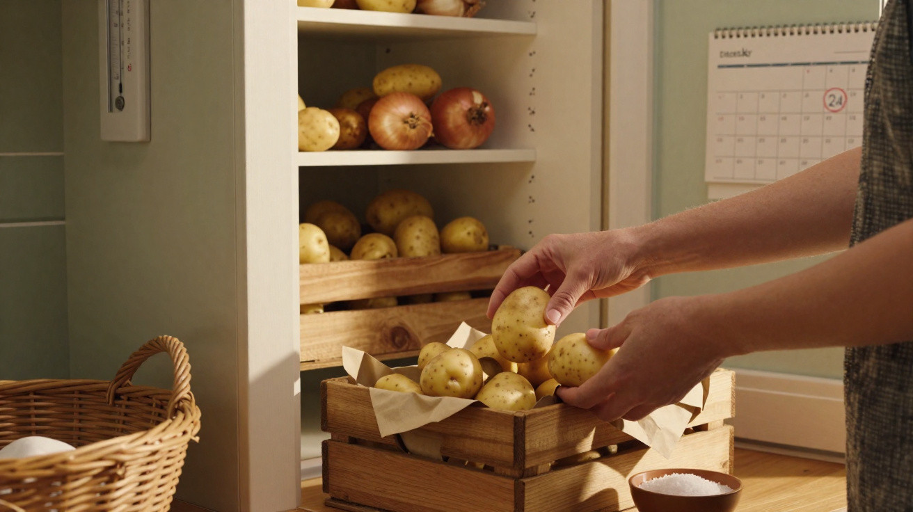 Caixa de madeira com batatas e mãos a segurar uma batata numa despensa com cebolas e calendário.