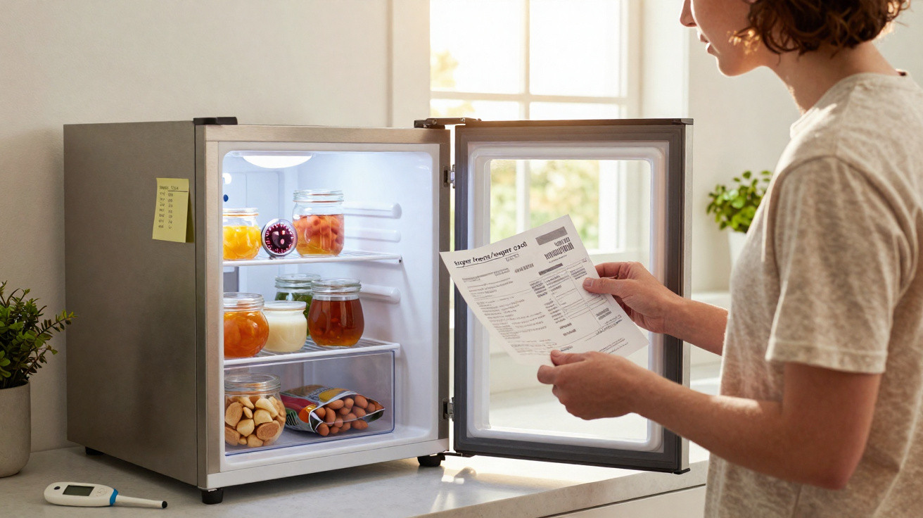 Pessoa a consultar lista de compras junto a frigorífico pequeno com frutas e bebidas na cozinha iluminada.