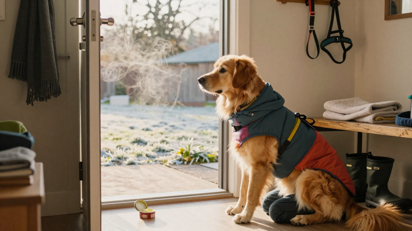 Cão com casaco a dar a pata a pessoa dentro de casa num dia frio, com vapor visível da respiração.