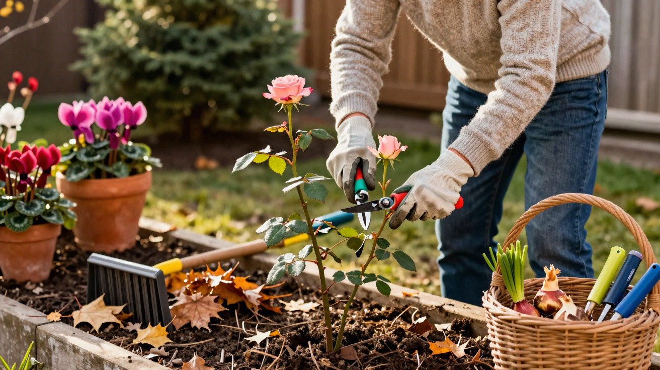 Pessoa a podar uma rosa cor de rosa num canteiro de jardim com luvas e ferramentas de jardinagem.