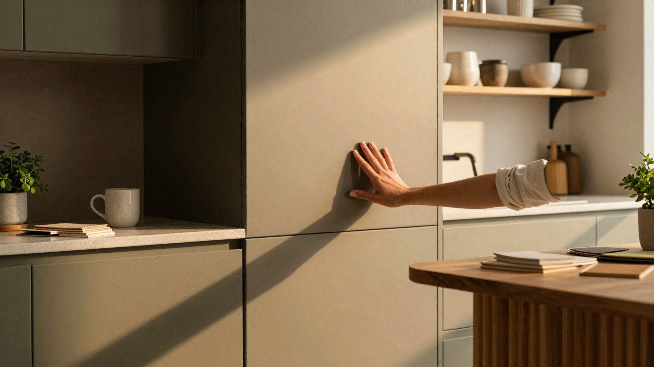 Braço de pessoa a abrir armário verde numa cozinha com bancada e objetos decorativos ao fundo.