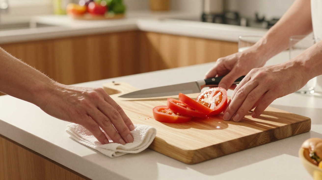 Mãos de um adulto a limpar uma tábua de madeira com tomates cortados ao meio e um pano branco.