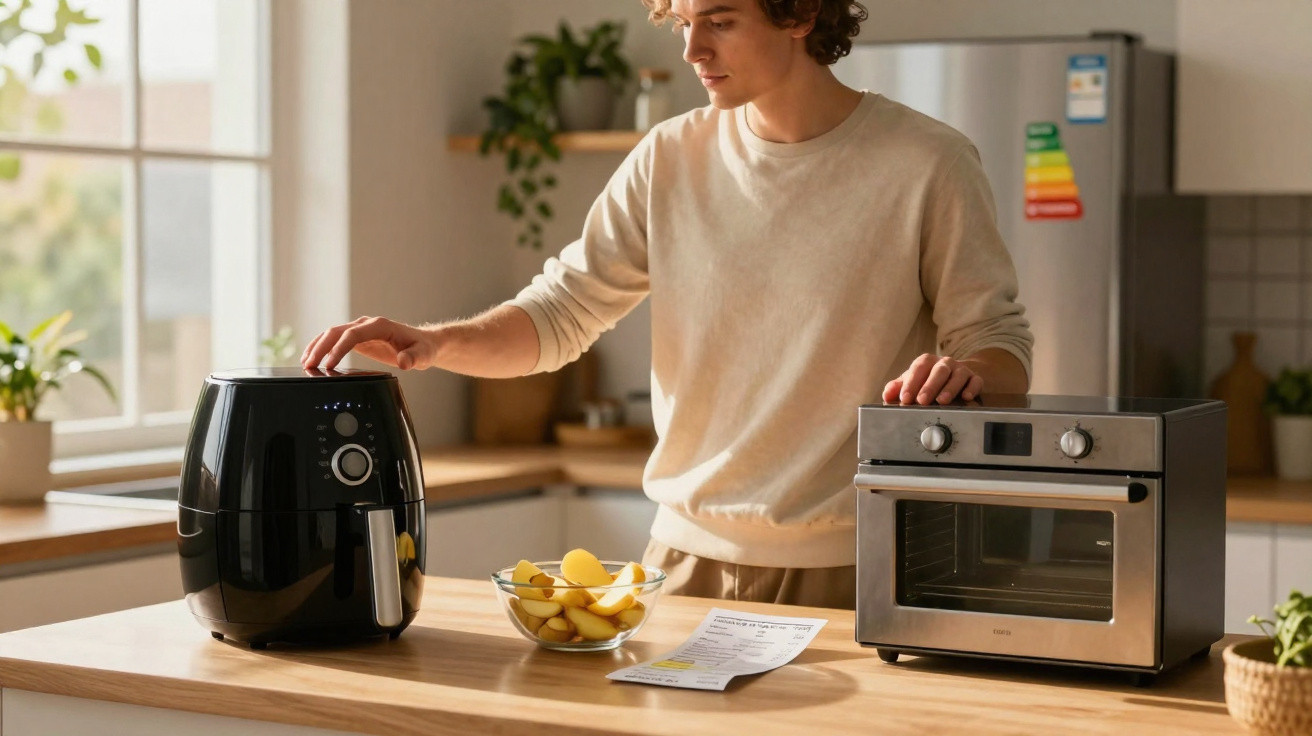 Homem a preparar batatas numa cozinha moderna com fritadeira sem óleo e forno compacto.