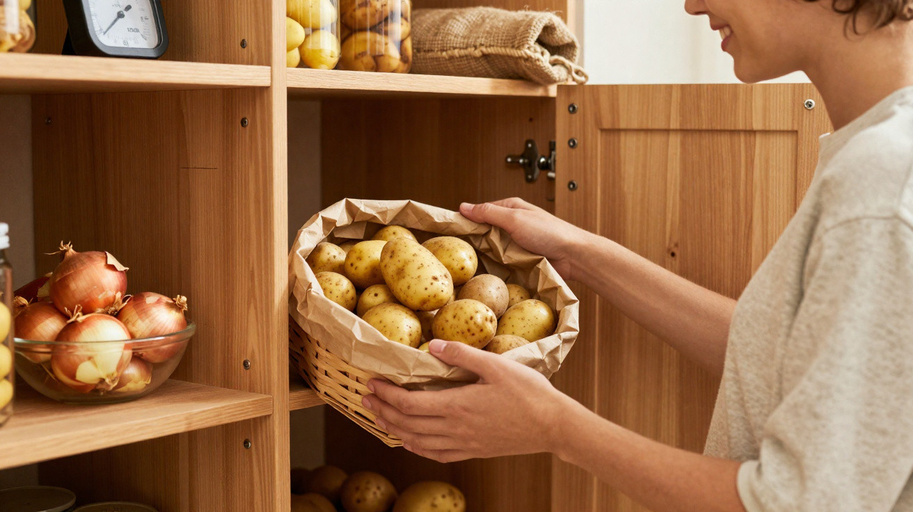 Pessoa a guardar um cesto de batatas num armário de madeira numa cozinha acolhedora.