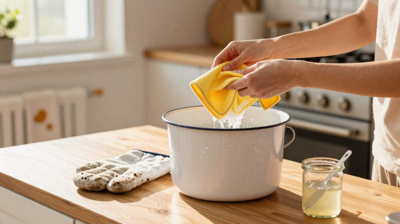 Pessoa a espremer sumo de limão com pano amarelo sobre uma tigela branca na cozinha.