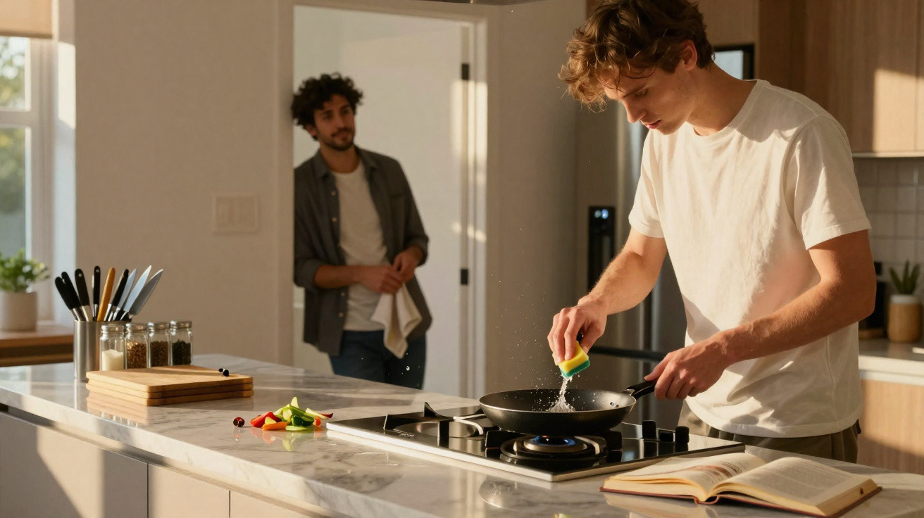 Homem a cozinhar e limpar frigideira enquanto outra pessoa observa numa cozinha moderna.
