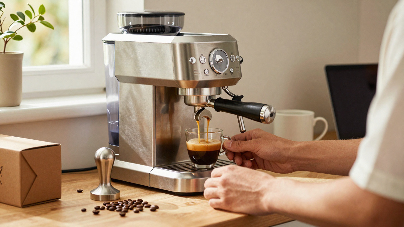 Máquina de café expresso em inox a preparar café num copo transparente numa cozinha iluminada.