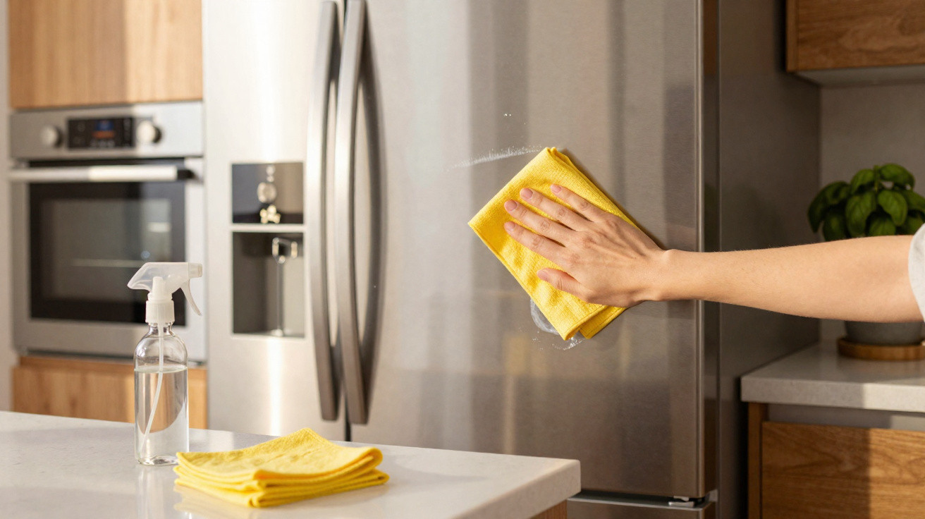 Mão a limpar porta de frigorífico inoxidável com pano amarelo na cozinha moderna.